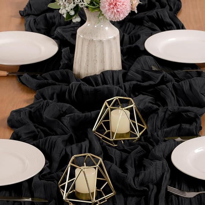MLMW 6 Pack Halloween Table Runner Cheesecloth Black Boho Gauze Cheese Cloth 160 inch Rustic Sheer Table Runner 13.3ft for Party Wedding Baby Bridal Shower Birthday