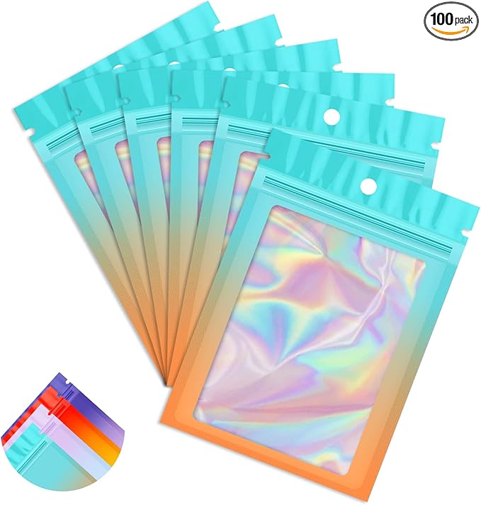 Funfery 100 Pack Gradient Holographic Bags,Mylar Resealable Bag with Zipper,Clear Window Packaging Pouch,Smell Proof Foil Bag for Food Storage,Sample Jewelry Baggies(6.3x9.4In,Blue Orange)