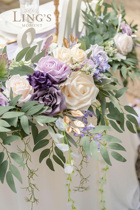 Ling's Moment 9FT Flower Garland for Backdrop Decorations - Wedding Arch Flowers, Eucalyptus & Rose, Artificial Floral Garland for Mantel - Sweetheart Table Decor for Ceremony Reception, Lilac & Gold