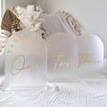 JINMURY Frosted Arch Wedding Table Numbers 1-15 with Stands, 5x7 Inch Acrylic Arch Sign with Golden Lettering, Frosted Acrylic Table Numbers for Wedding Reception