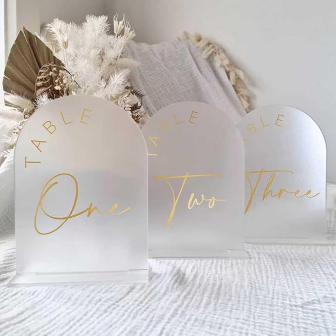 JINMURY Frosted Arch Wedding Table Numbers 1-10 with Stands, 5x7 Inch Acrylic Arch Sign with Golden Lettering, Frosted Acrylic Table Numbers for Wedding Reception