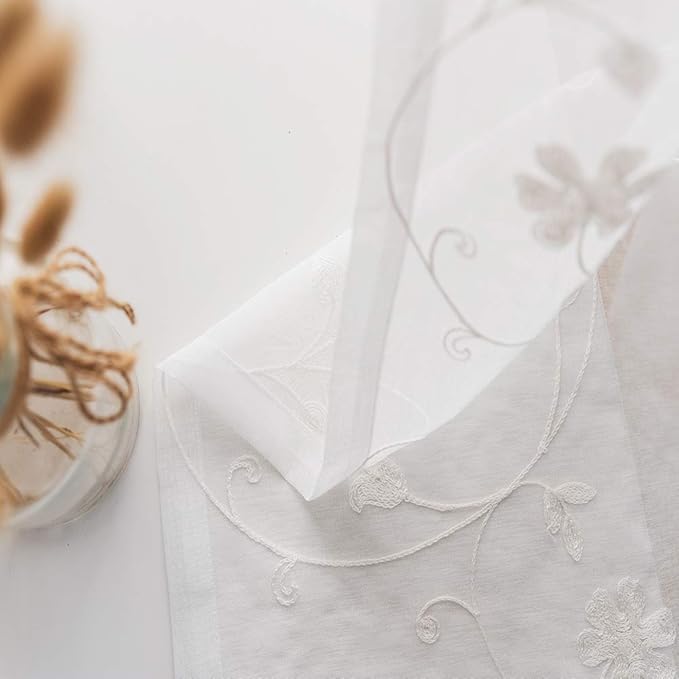 MYSTIC-HOME Embroidery White Sheer Curtains 84 Inches Long, Rod Pocket Sheer Drapes for Living Room, Bedroom, 2 Panels, 52"x84", Semi Crinkle Voile Window Treatments for Yard, Patio, Villa, Parlor.