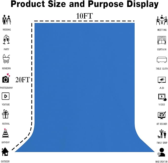 10x20FT Royal Blue Screen Backdrop for Photography, Large High Density Blue Photo Background