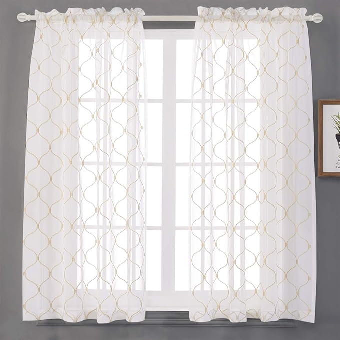 Embroidered Wave Diamond Sheer Curtains Gold 63 Inch Length, Rod Pocket Voile Drapes for Living room, Bedroom, Window Treatments Semi Curtain Panels for Yard, Patio, Villa, Parlor, Set of 2, 52"x 63".