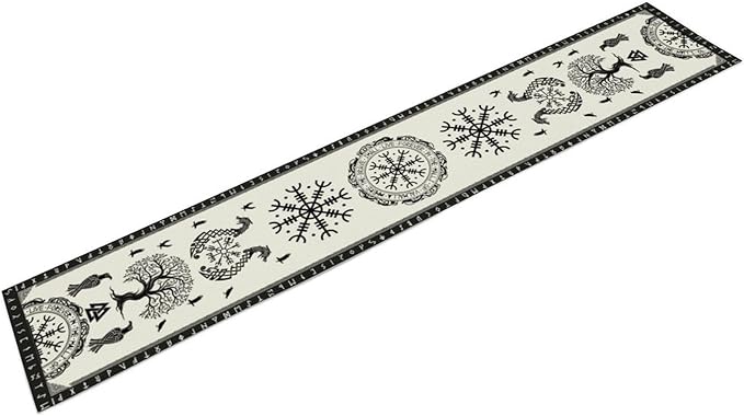 Ancient Abstract Pattern Table Runner, Tree of Life Eagle Dragon Boat Rudder Black and White Table Runner for Party Kitchen Dinner Cafe Bedroom Living Room Outdoor Table Runner 13x120 Inch