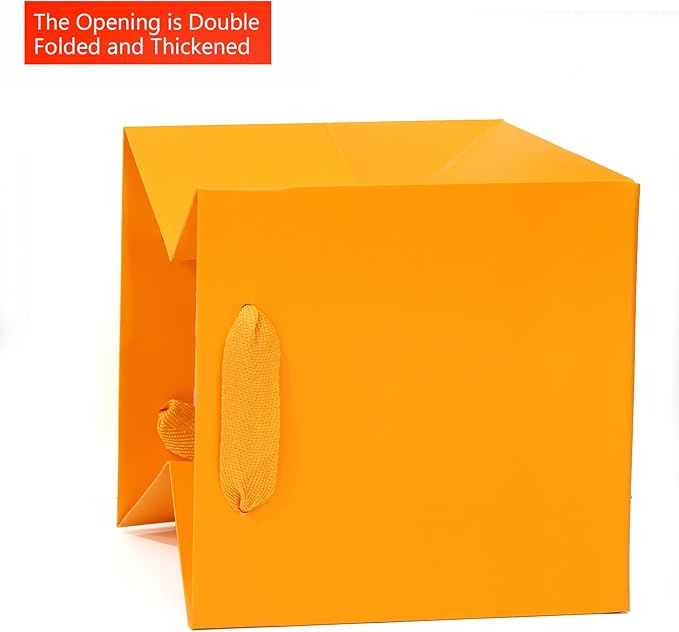 Orange Square Gift Bag 12 in Paper Gift Box Large Square Bottom Kraft Paper Bags with Handles for Party Favor, Birthday Gift Bags (Orange, 12 x 12 x 12 in, 10 CT)