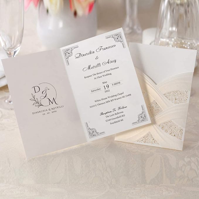 Hosmsua 5.12x7.2 50PCS Blank Wedding Invitations Kit Laser Cut light Gold Hollow Foil Flora Lace Sleeve Pocket with Envelopes for Quinceanera Wedding Invitation