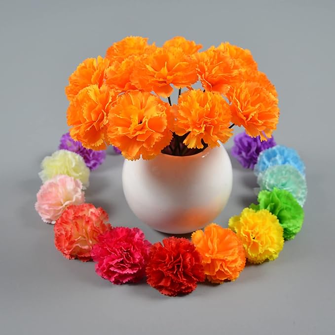 Hananona 200 Pcs Marigold Flower Heads Bulk, Silk Marigold Heads with Stems Artificial Marigold Flowers for Diwali Home Decor DIY Marigolds Garland Craft Day of Dead Decorations (200, Orange)