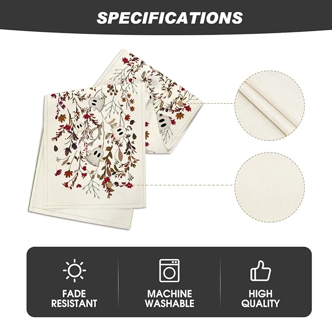 Artoid Mode Ghost Flowers Leaves 210 GSM Halloween Table Runner,Seasonal Fall Kitchen Dining Table Decoration for Home Party Decor 13x120 Inch