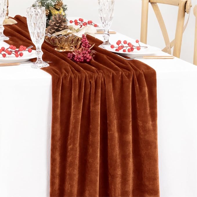 MLMC Terracotta Fall Thanksgiving Table Runner 10ft Luxury Rust Burnt Orange Velvet Table Runner Elegant Home Decor 20x120 Inches for Wedding Bridal Shower Birthday Party Home Decor