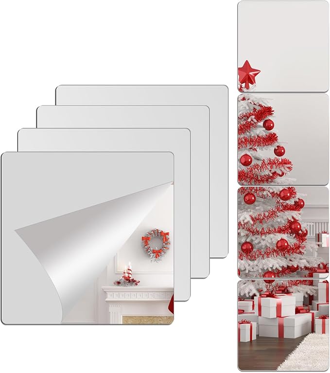 Unbreakable Acylic Small Mirror Tiles for Kids, (4-Pcs 11.5x11.5 Inch) Plastic Mirrors for Wall, Stick on Mirrors for Wall Decor, Shatterproof Mirror for Kids Bedroom
