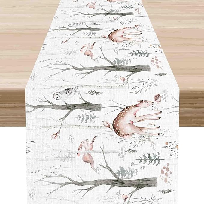 Rustic Woodland Table Runner, Farmhouse Forest Animals Country Lodge Wild Hunt Deer Rabbits Table Center Decor for Home Kitchen Dining Patio Holiday Party Indoor Table Decorations, 13"x36" Inch