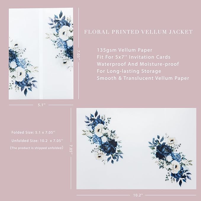 PONATIA 50PCS Vellum Jackets for 5x7 Invitation Cards- 135GSM Dusty Blue Flowers Vellum Sleeves, Wedding Invitations Wraps - Transparent Christmas Gift Cards Jackets