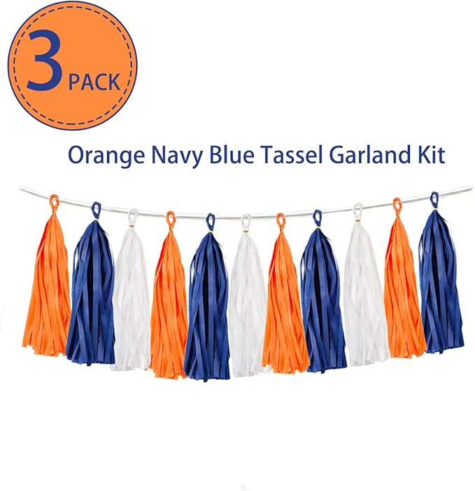 15PCS Navy Blue Orange White DIY Party Tassel Garland Paper Banner Streamer Backdrop for Graduation Astros Birthday Wedding Baby Shower Nursery Classroom Garland Tassel Hanging Decoration