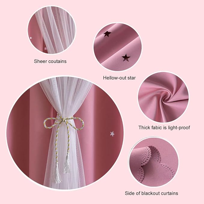 FANLI 2 Panels Star Blackout Curtains for Kid Girls Bedroom Living Room Darking Stripe Double Layer Star Cut Out Wall Home Decor Gradient Grommet Window Curtains (Pink 95L)
