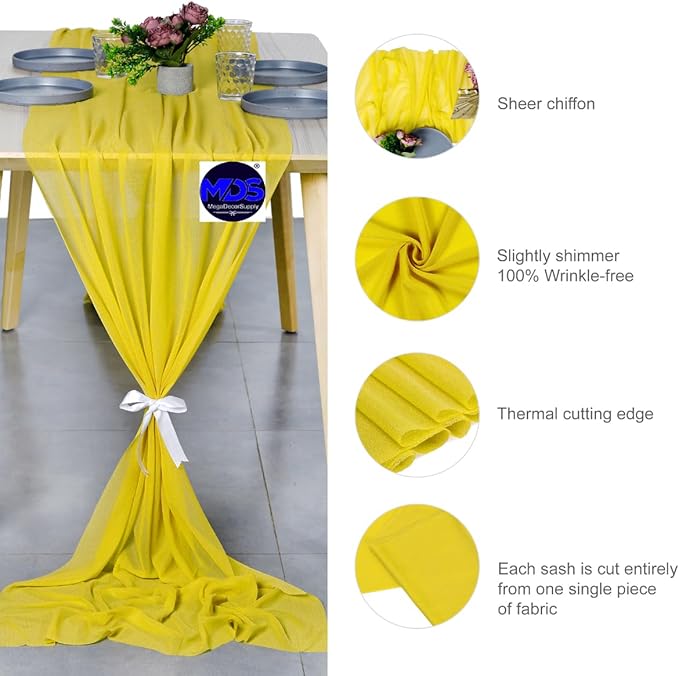 MDS Halloween Chiffon Table Runner - 25 Pack, 29 x 170 Inches, 14ft Each - Sheer Spooky Table Runners for Haunted House Parties, Trick-or-Treat Tables, Witchy Décor, Wedding & Events - Yellow