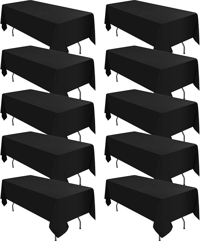 10 Pack Polyester Tablecloth, 60 x 102 Inch Black Polyester Table Cloth for 6 Feet Rectangle Tables, Stain and Wrinkle Resistant Washable Table Cover for Kitchen Wedding Banquet Restaurant Party