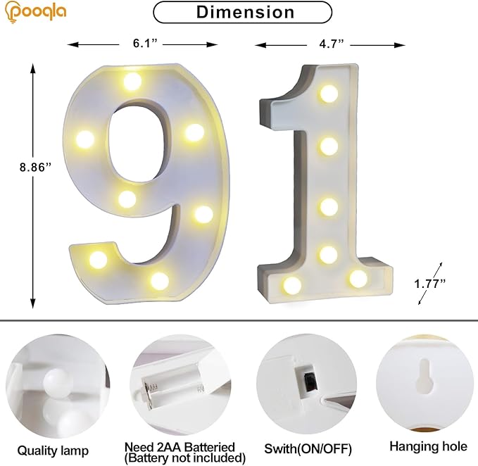 Pooqla Decorative LED Light Up Number Letters, White Plastic Marquee Number Lights Sign for 91th Birthday Party Wedding Decor, Battery Operated