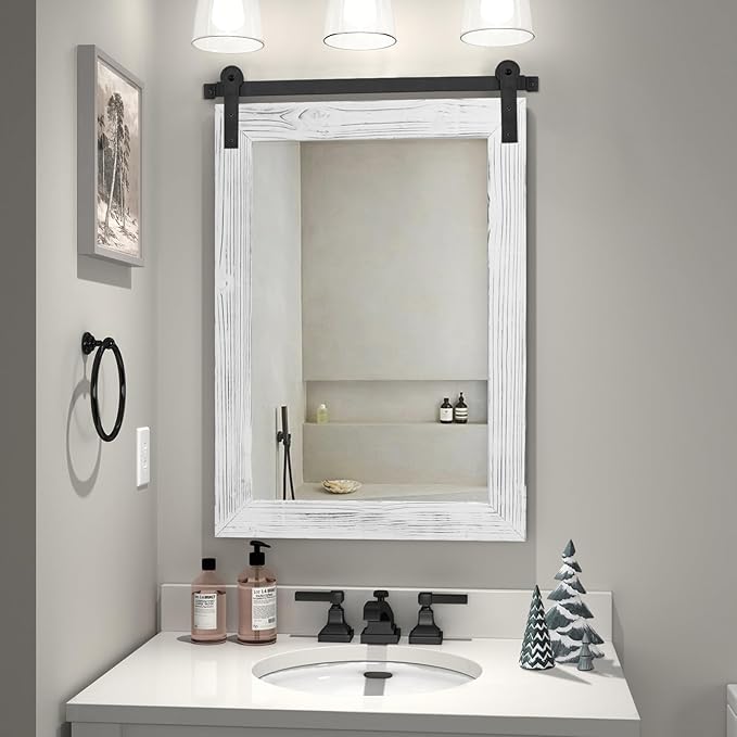 COGOOD Farmhouse Bathroom Mirror - 30 x 21 Rustic Wood Framed Wall Barn Door Mirror for Entryway, Living Room, Vanity Wall Decor (White)