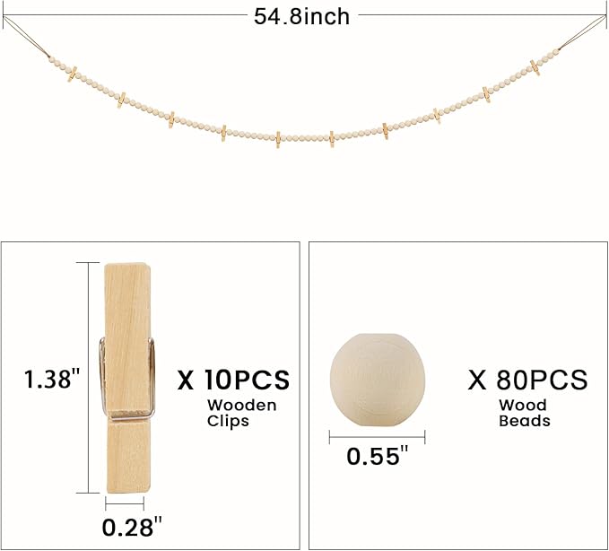 Hanging Photo Display with Clips, Boho Wooden Bead Garland Collage Picture Frame Wall Decor, Photo String with 10 Clips for Bedroom Room Dorm Cubicle Decor, Christmas Teen Girls Gifts