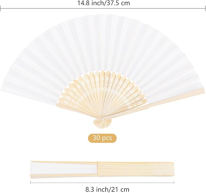 MCEAST 30 Pieces Silk Folding Fans with Bamboo Frames, Handheld Fan Foldable Fan for Wedding Gifts, Party Favors, Home Decoration, White