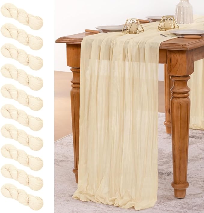 MLMW 10 Pack Beige Table Runner Cheesecloth Boho Gauze Rustic Cheese Cloth Table Runner 160 inch Sheer 13.3ft for Thanksgiving Wedding Party Baby Bridal Shower Birthday