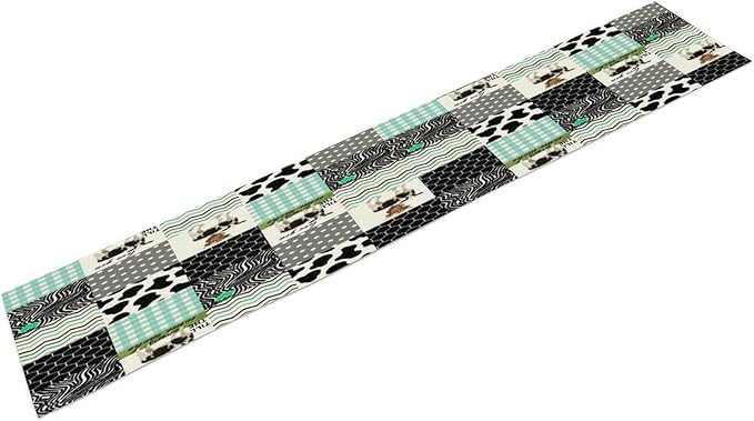 Cute Cow Print Table Runner,Farm Animals Honeycomb Plaid Stripes Cowhide Pattern Tablecloth Burlap for Hotel Indoors Outdoor Dining Room Kitchen Table Decor, 13x36in