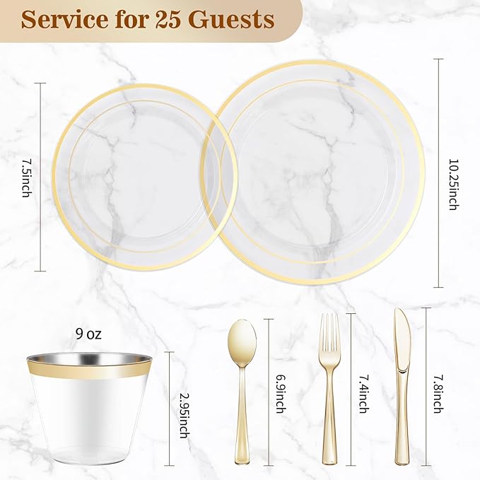 BESTVIP 300PCS Plastic Dinnerware Set (50 Guests), Clear Gold Disposable Plates for Party, Wedding, Christmas, Anniversary, Includes: Dinner Plates, Dessert Plates, Cups, Spoons, Forks and Knives