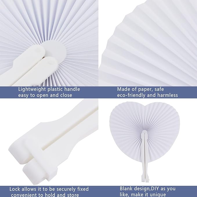 ZWIN 48 Pcs Heart Shaped Paper Fans for Wedding Pocket Folding Paper Fans with Plastic Handle White Blank Fans for Guest Celebration Party Decoration