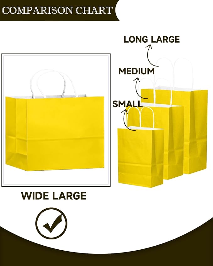 qiqee 100PCS Large Gift Bag with Handles Bulk 13"x4.5"x10" Gift Bags Bright Yellow Multiple Uses (32x11x25cm,Wide Large)