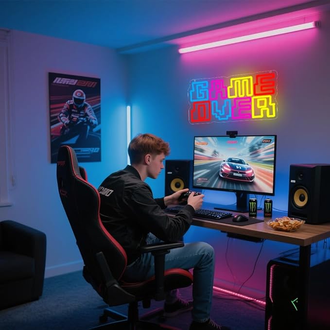 Game Room Neon Sign,Game Over Dimmable LED Light Signs for Wall Art Decor,Gamer Backdrop for Bedroom Club Party Man Cave,Gaming Gift for Boys Teen Men USB Powered（15.4"*7.9"）