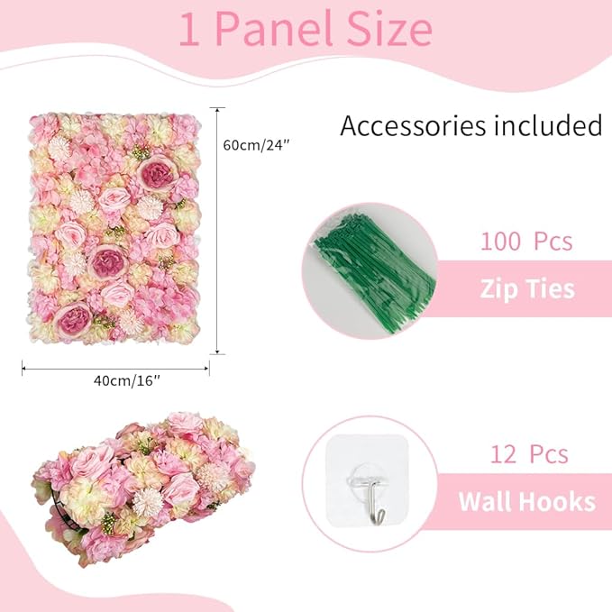 Artificial 3D Flower Wall Panel for Backdrop 12 Pcs 24x16 inches Pink Faux Roses Artificial Flower Backdrop for Wedding Party Bridal Baby Shower Decor