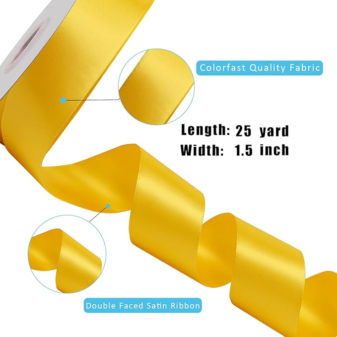 LaRibbons 1 1/2 Inch 25 Yard Double Faced Satin Ribbon,Yellow Gold Satin Craft Fabric Ribbon for Gift Wrapping Floral Bouquets Wedding Party Decoration