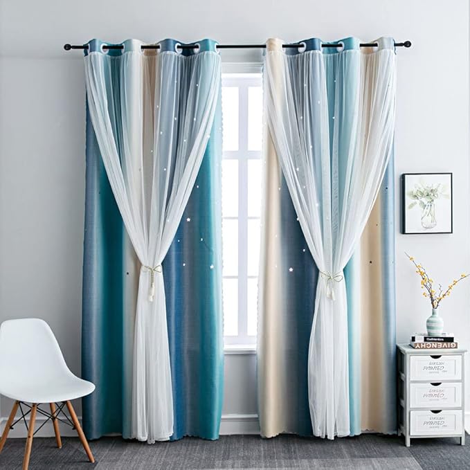 FANLI Ombre Rainbow Blackout Curtains for Kid Girls Bedroom Living Room Darking Stripe Double Layer Star Cut Out Wall Home Decor Gradient Grommet Window Curtains (Blue/Yellow, 52W x 84L)