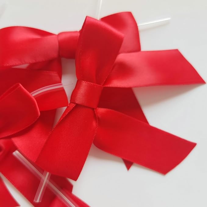50pcs 3-1/2" Red Satin Ribbon Bows with Twist Ties Giant Bows for Christmas Holiday Gift Packing&Wrapping (Red)