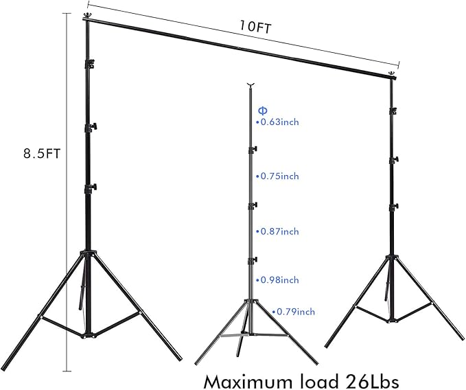 SLOW DOLPHIN 10x 8.5 ft Photo Backdrop Stand, Adjustable Photography Background Support System Stand for Photo Video Studio with Carrying Bag, Clips, Clamps