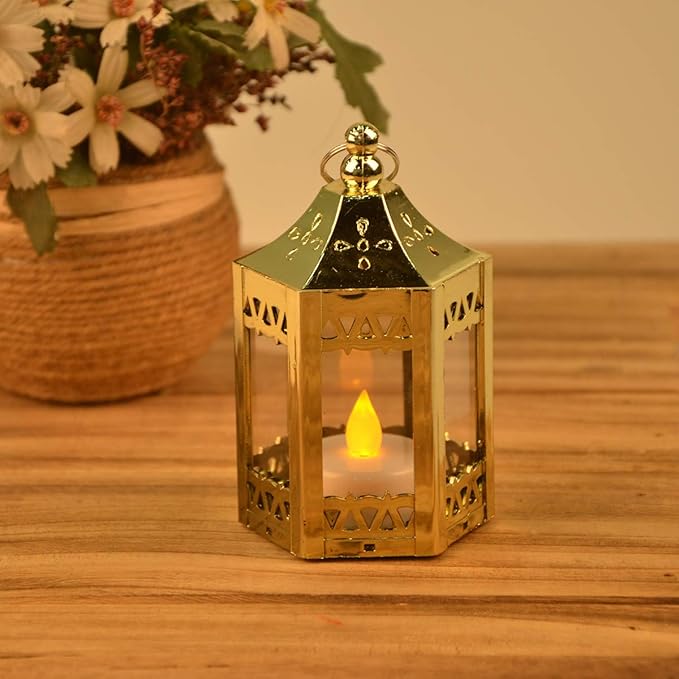 zkee Mini Star Lanterns with Flickering LED, Battery Included, Decorative Hanging Lanterns for Christmas and Indoor Use (Set of 8, Golden)