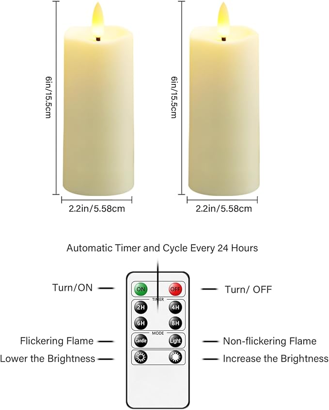 Plastic Waterproof Outdoor flameless Candles, LED Candles, with Remote Control and Timer, Battery-Powered Candles, Suitable for Camping, courtyards and Home Decoration,Set of 2（Ivory）