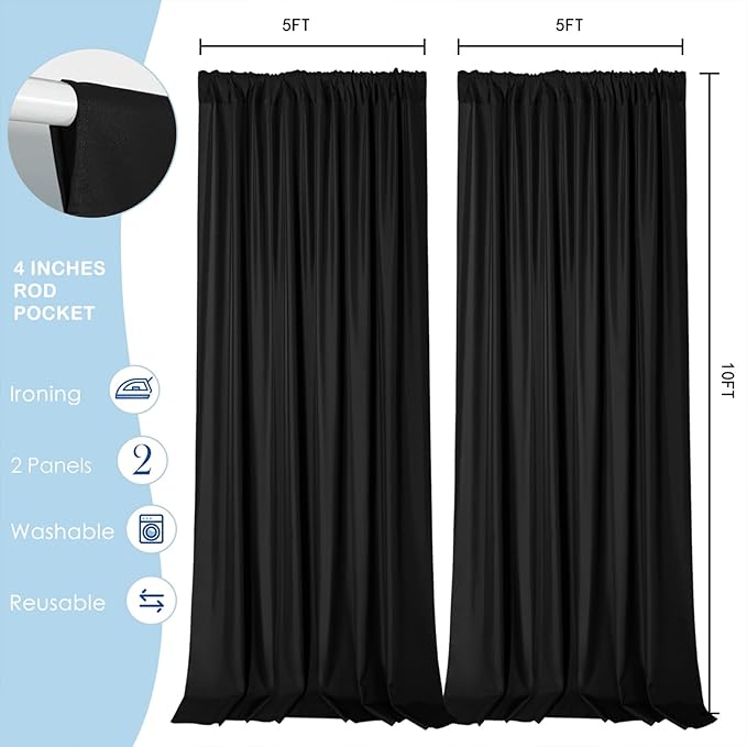 Sugargirl 10x10FT Black Backdrop Curtains Polyester Photo Backdrop Drapes Curtains 2 Panels with Rod Pockets for Party Birthday Wedding Photography Home Decoration