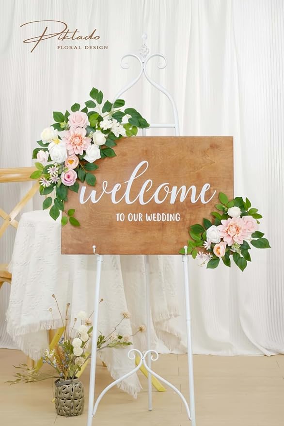 Wedding Decor (Pack of 2) Welcome Sign Flower Backdrop Garland for Ceremony Reception Wall Easel Home Decoration Entryway Faux Outdoor Board Head Table Decor (Blush)