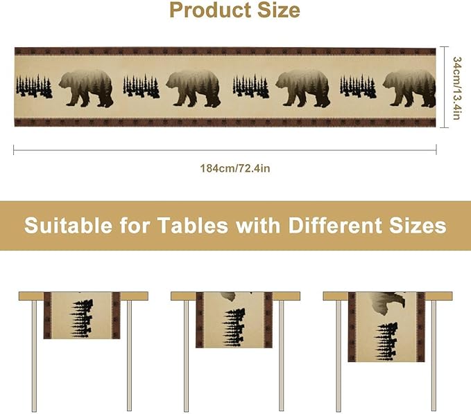 Vintage Bear Table Runner Forest Retro Rustic Cabin Farmhouse Table Runner for Party Dinner Bedroom Living Room Kitchen 13x120 Inch