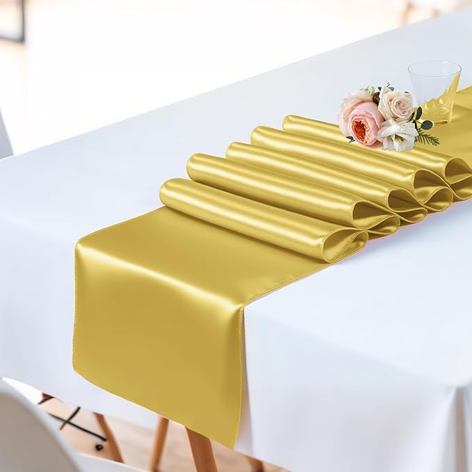 SHEJIZE 2 Pack Light Gold Satin Table Runner 12x108 Inches Long, Bright Silky Smooth Satin Table Runner Table Decor for Wedding Banquet Christmas Prom Event Birthday Party