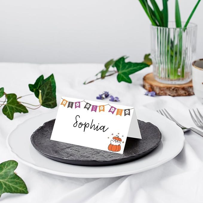 25 Pack Halloween Place Cards, Editable Name Cards for Table Setting, Boo Ghost Tent Cards Food Label for Dinner Party, Bridal Shower, Wedding, Baby Shower and Events -T38