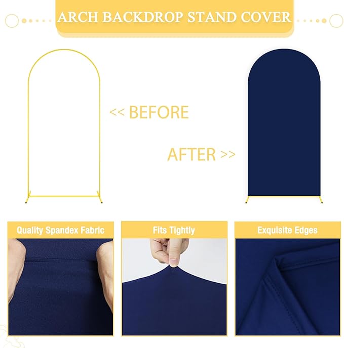 Party Arch Backdrop Stand and Cover Set 6FT 7.2FT Navy Blue Spandex Arch Covers Gold Metal Arch Stand Backdro Chiara Balloon Arched Stand Frame with Covers for Birthday Party Reception Decor