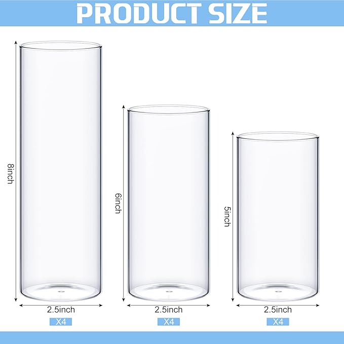 12 Pcs Thin Glass Cylinder Vases 2.5''/3.3'' Diameter 2mm Wall Thickness Clear Flowers Vase Hurricane Floating Candles Holders for Table Centerpieces Wedding Decor (2.5'' X 5'',6'',8'')