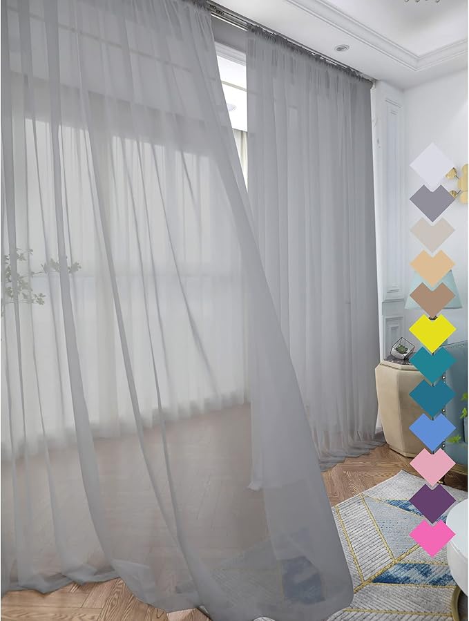 Window Grey Sheer Curtains 48 Inches Width 160 Inches Long 2 Panels Sheer Curtains Clear Curtains Basic Rod Pocket Panel for Home Living Room Bedroom Kids Room Yard Patio Parlor Sliding