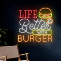 Life Is Better With Neon Burger Sign, Burgers Neon Light, Led Sign, Restaurant Wall Decor, Size:20inches