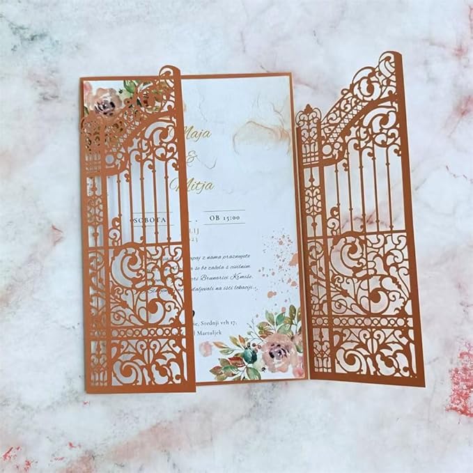 MillaSaw Bronze Fence Laser Cut Invitation Cards Pocket With Envelope For Wedding Engagement Birthday Cocktail Party 25 Sets (bronzed, 5.1"x7.1")