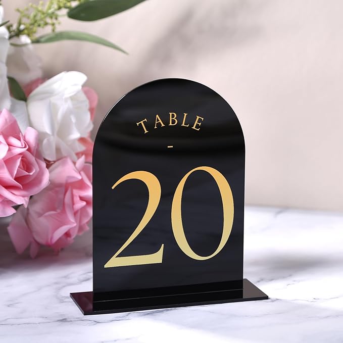 UNIQOOO Black Arch Wedding Table Numbers with Stands 1-20, Gold Foil Printed 5x7 Double Sided Acrylic Signs and Holders, Perfect for Centerpiece, Reception, Decoration, Party, Anniversary, Event