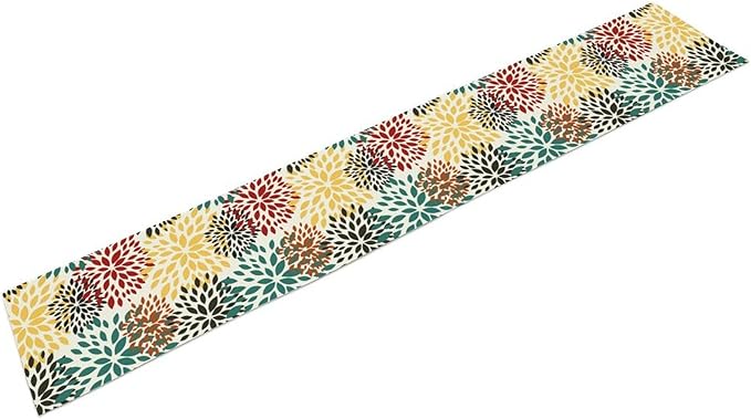 Green Red Dahlia Flower Table Runner Chrysanthemum Geometric Kitchen Dining Bedroom Living Room Table Decor for Indoor Outdoor Home Party, 13x60 Inch
